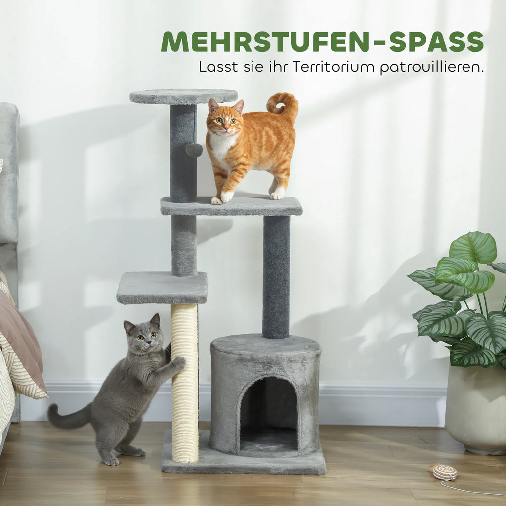 Kraapimispuu 103 cm maja, platvormide, sisalpostide ja plüüsmänguasjaga, kuni 5 kg kassidele, hall