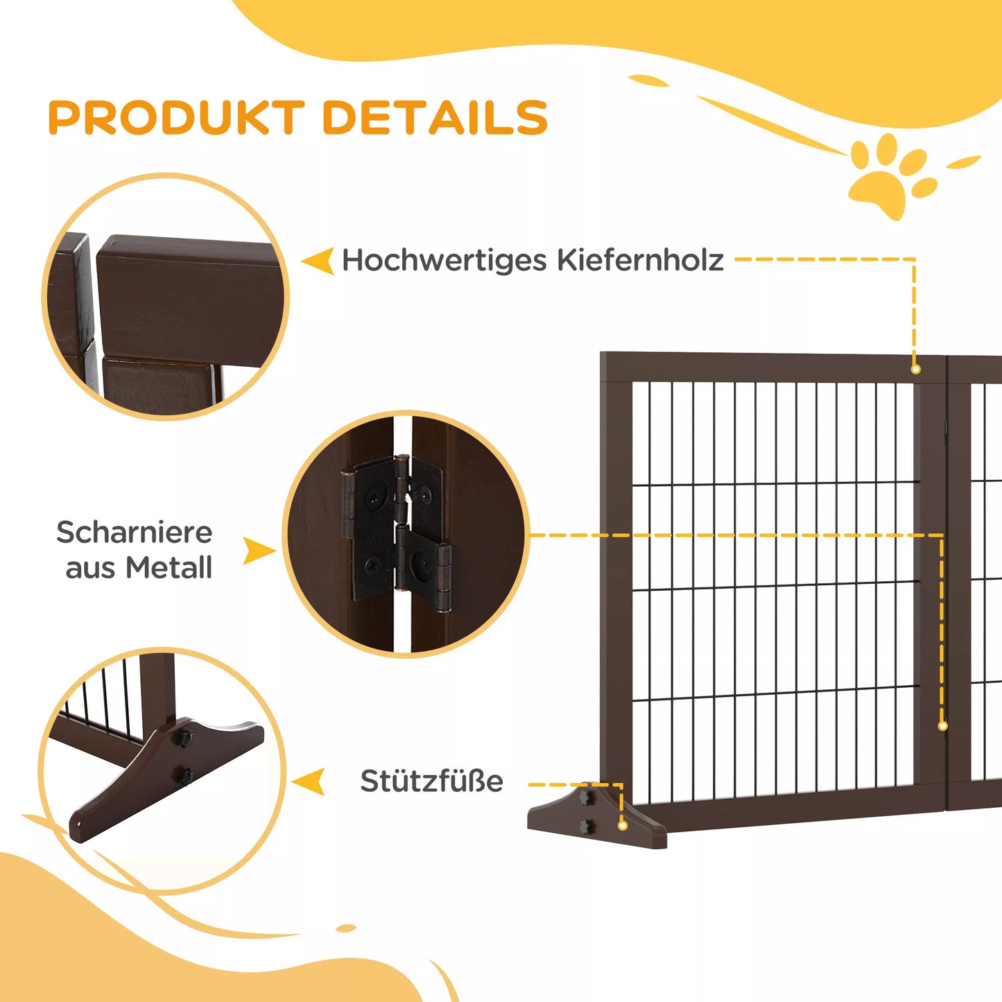 Suņu barjeras / Brīvi stāvošs drošības žogs ar kājām 185 x 71 cm koka suņu žogs, kāpņu aizsargs, kāpņu barjera, suņu barjera kāpnēm, durvīm, virtuvei, koridoram, 3 paneļi, brūns