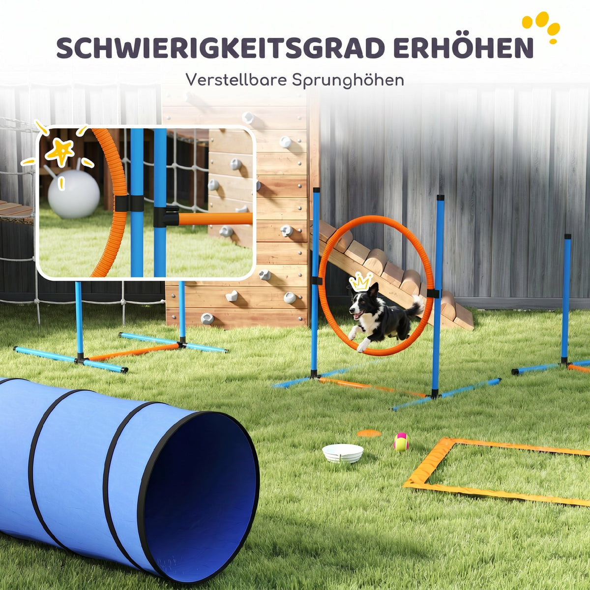 Agility rinkinys šunims, 8 dalių, su tuneliu, slalomo stulpais, reguliuojamais barjerais ir šuolių lanku, oranžinis