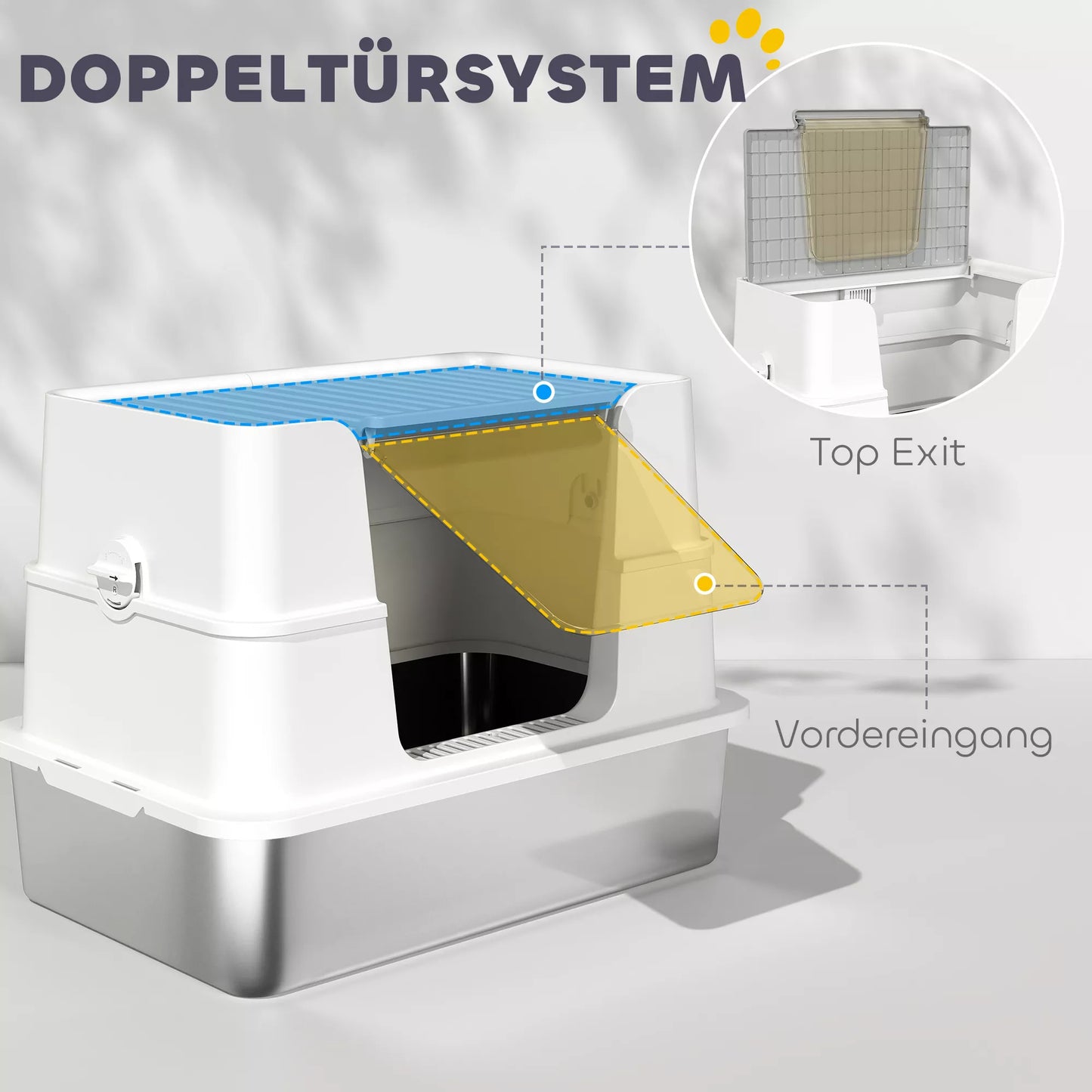 Kaķu pakaišu kaste, nerūsējošā tērauda, ​​XL iekšējā ietilpība, ar kausiņu, gaiši pelēka