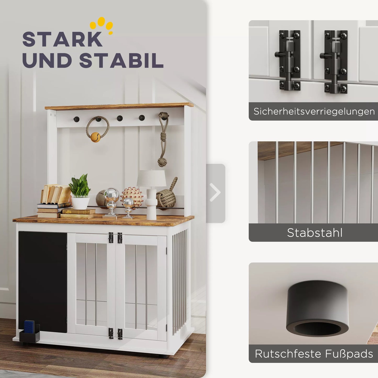 Suņu būris ar rotaļlietu glabāšanas plauktu, pavadas āķiem, rakstāmgaldu, dzēšgumiju, lieliem suņiem, balts