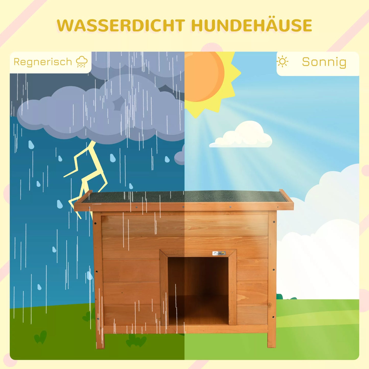 PawHut Lauko namelis šunims, medinis šunų namas su atverčiamu asfaltiniu stogu, nepralaidus vandeniui šunų guolis su paaukštintu dugnu, mažų šunų namelis, geltonas, 82 x 58 x 58 cm