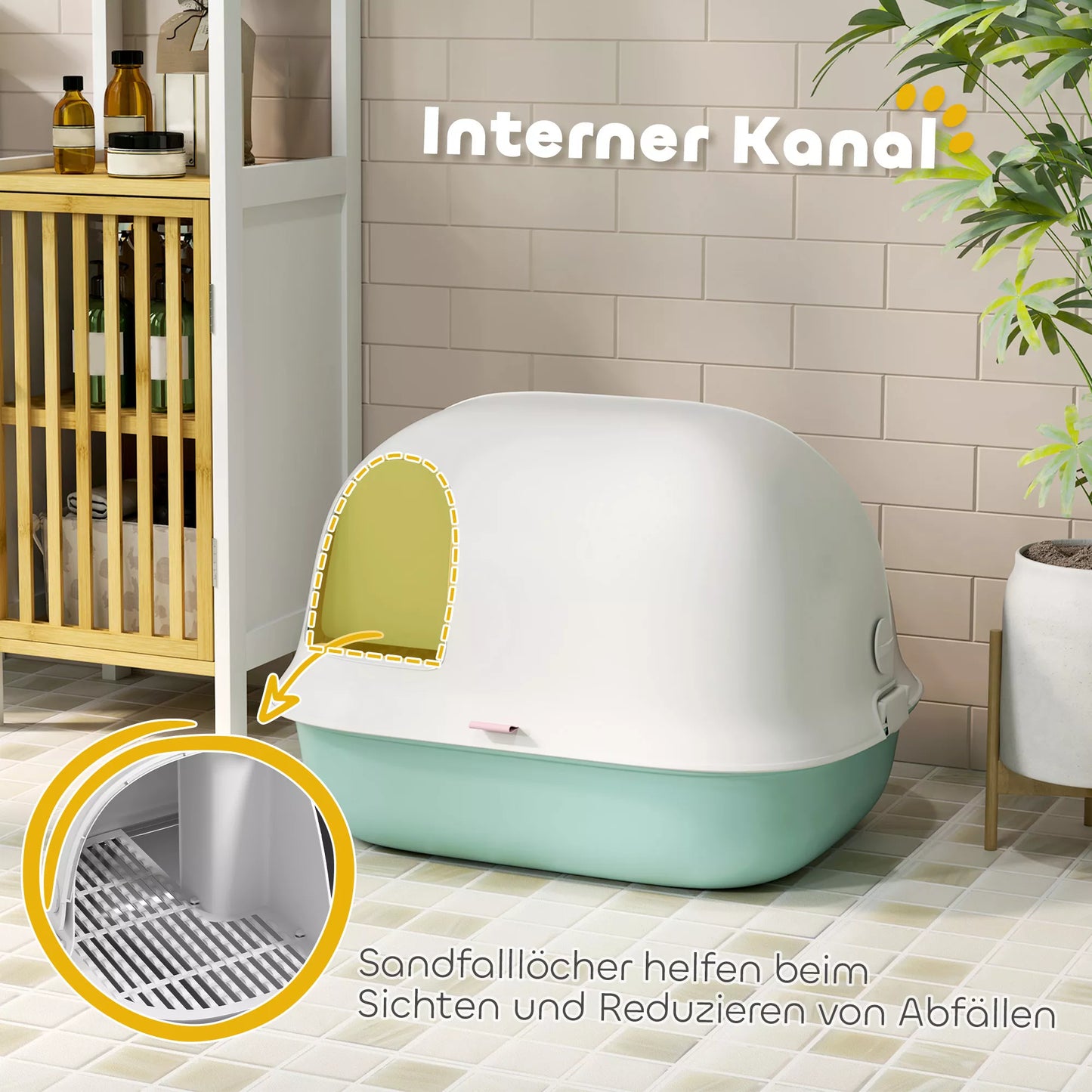 Kaķu pakaišu kaste ar vāku, ar iekšējo noteku, durvīm, kausiņu, viegli tīrāma, plastmasas, zaļa