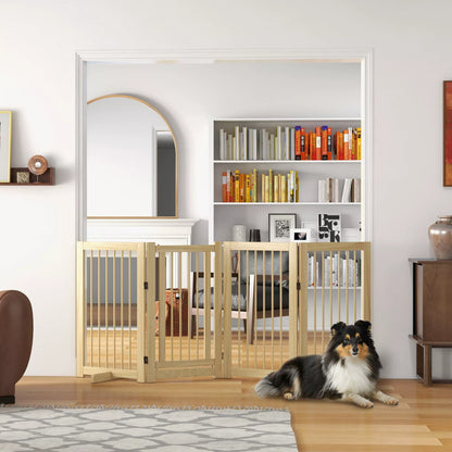 Freestanding folding dog fence with door and supports, wooden frame, 220x36x91cm