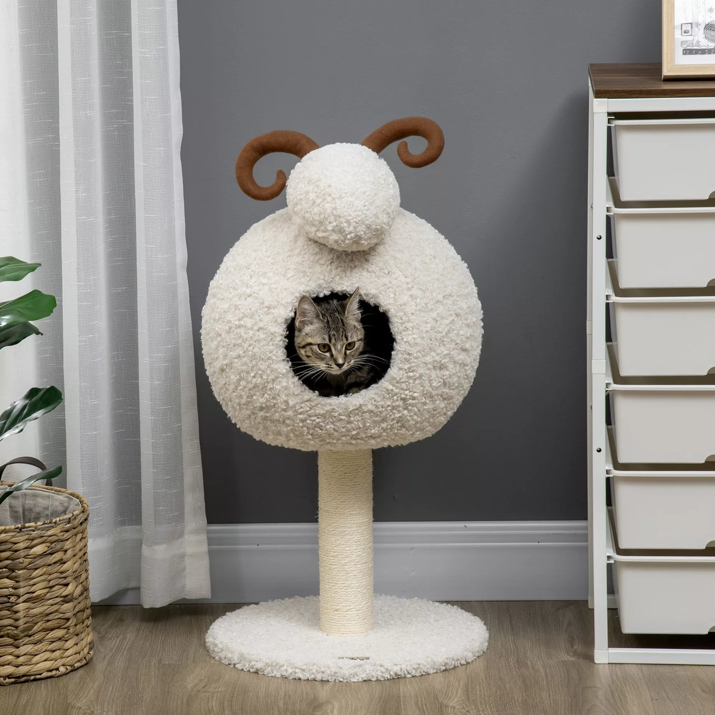 Katės draskyklė, avies dizainas, su katės urveliu ir draskomuoju stulpu, skalbiama pagalvėlė, kreminė balta + ruda