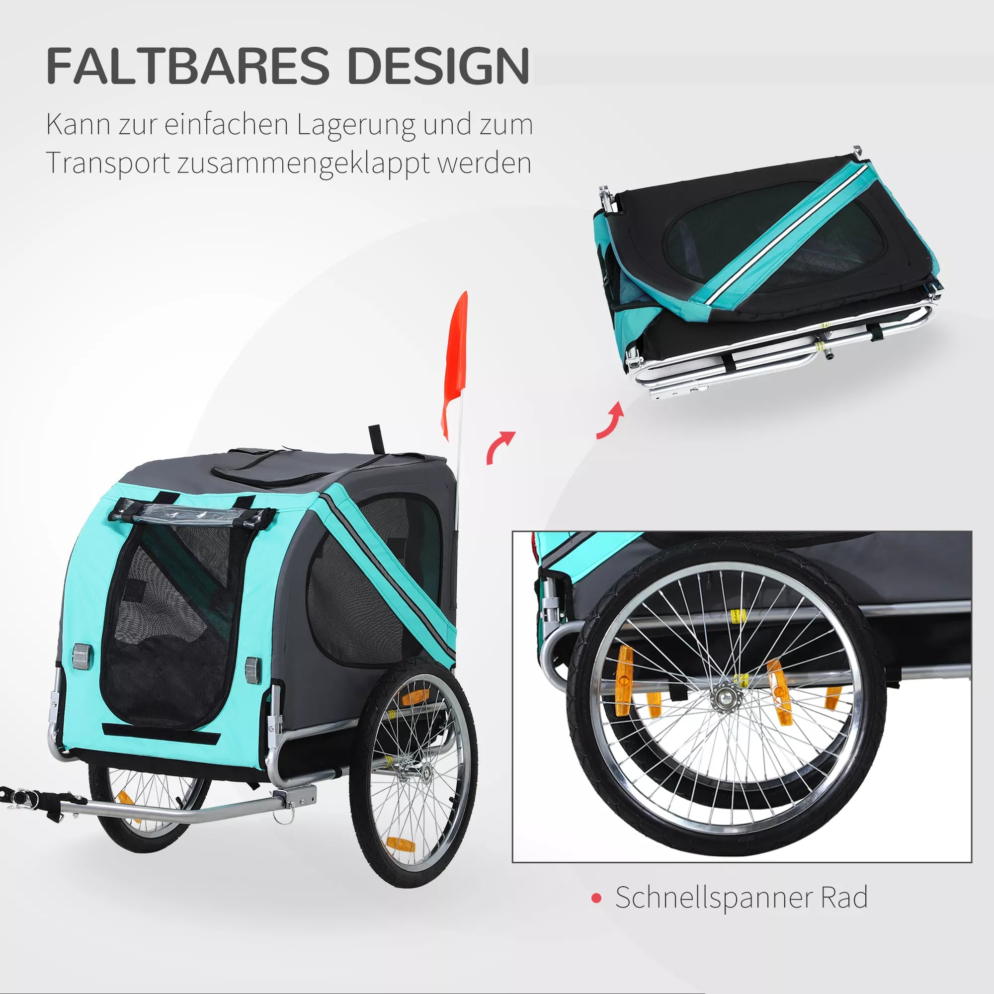 Mājdzīvnieku piekabe suņiem, velosipēda piekabe līdz 20 kg, salokāma, ar atstarotāju, lietus pārsegs, tērauds, pelēka + zaļa, 130 x 73 x 90 cm