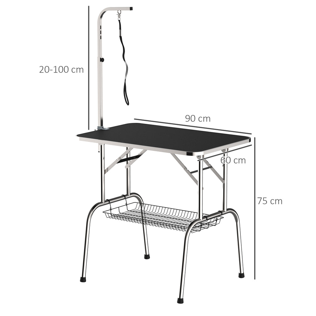 Kirpimo stalas šunims 90x60x75 cm, sulankstomas, su pasukamu laikikliu ir tinkline lentynėle, iki 150 kg, juodas