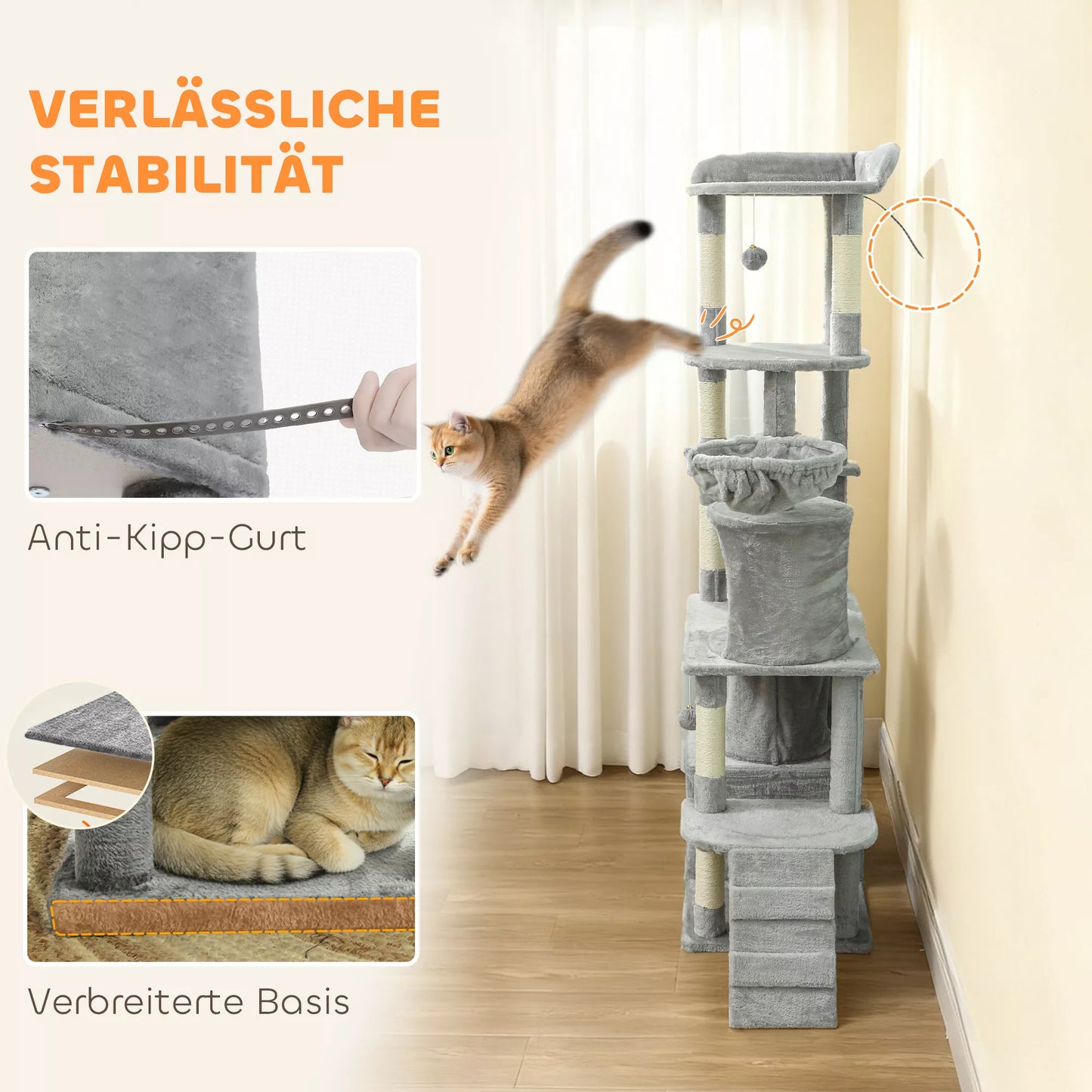 Cat scratching post, 170 cm, with tunnel, niches, large base, sisal posts, light gray