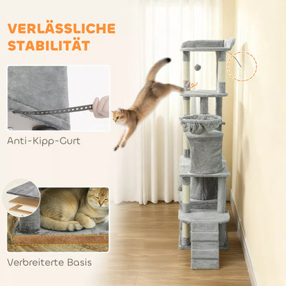 Cat scratching post, 170 cm, with tunnel, niches, large base, sisal posts, light gray