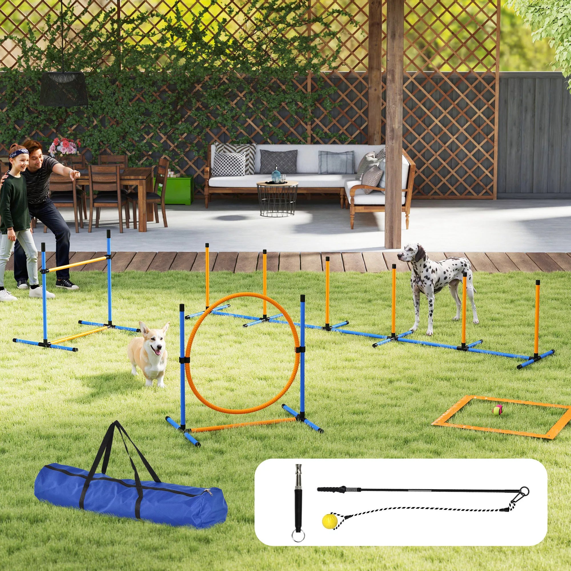 Agility rinkinys šunims, 7 dalys. Agility įranga šunų dresūrai. Sudedamų kliūčių rinkinys žaidimams ir treniruotėms.