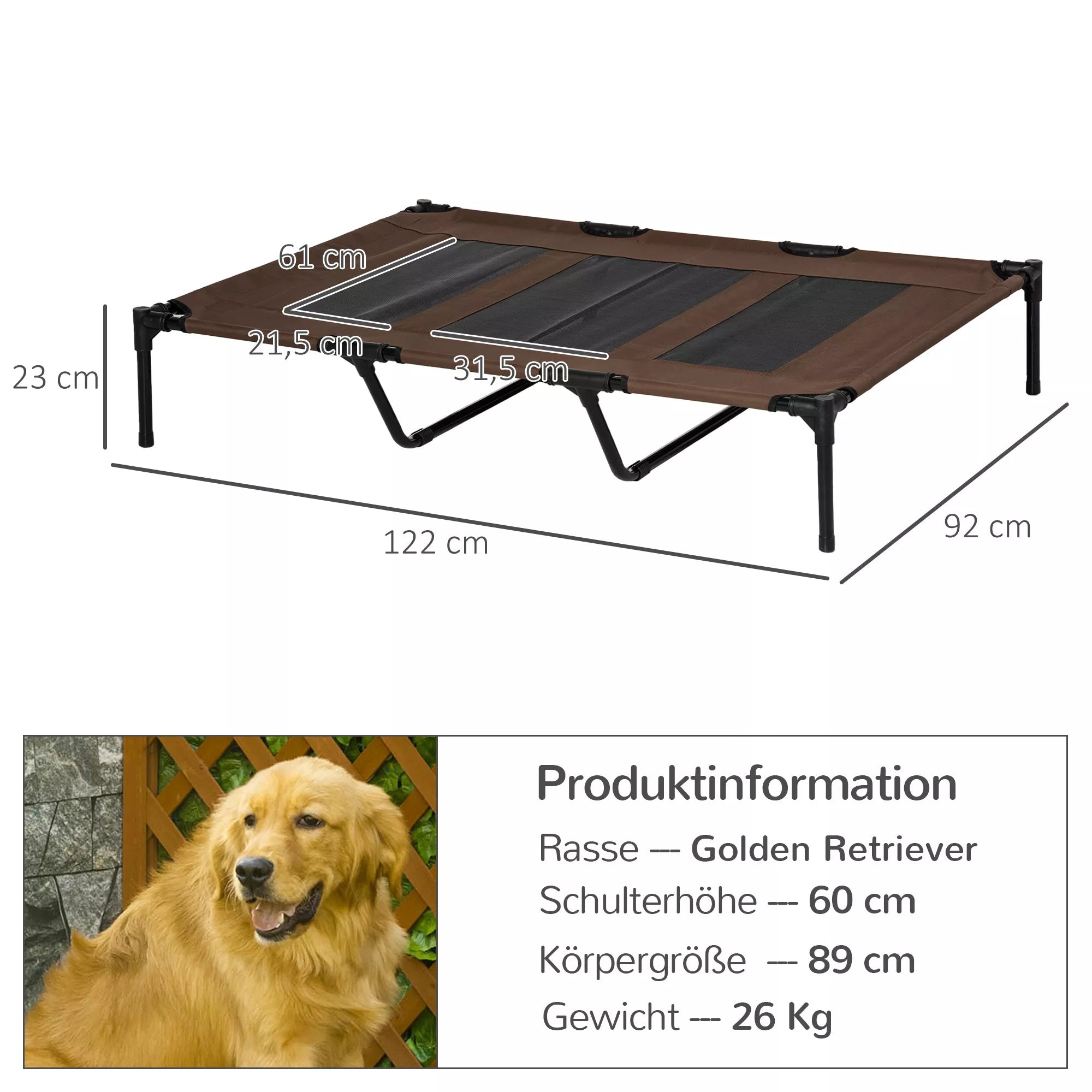 Salokāma suņu gulta āra lietošanai ar paceltu statīvu, 122 cm x 92 cm x 23 cm, kafijas brūna + melna