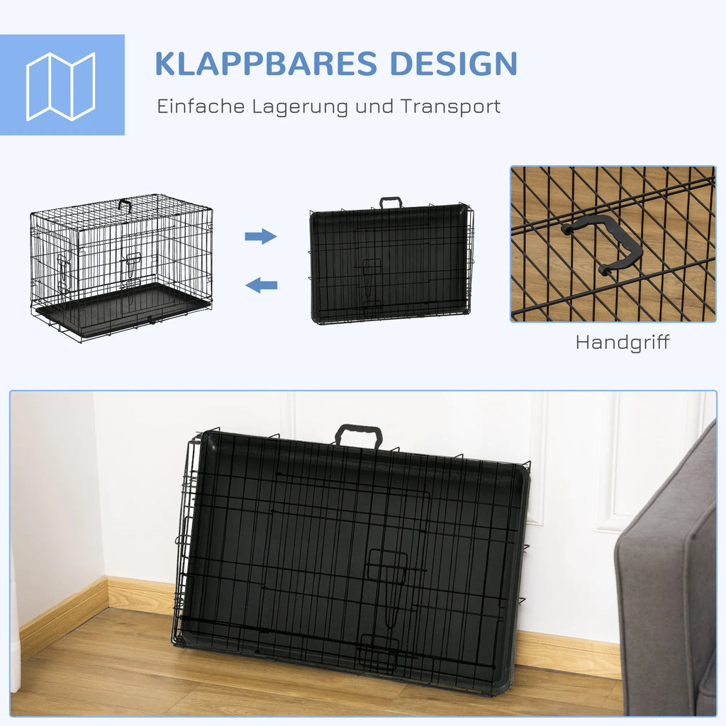 Suņu voljērs, transportēšanas būris, stiepļu būris, noņemama apakšējā paplāte, melns