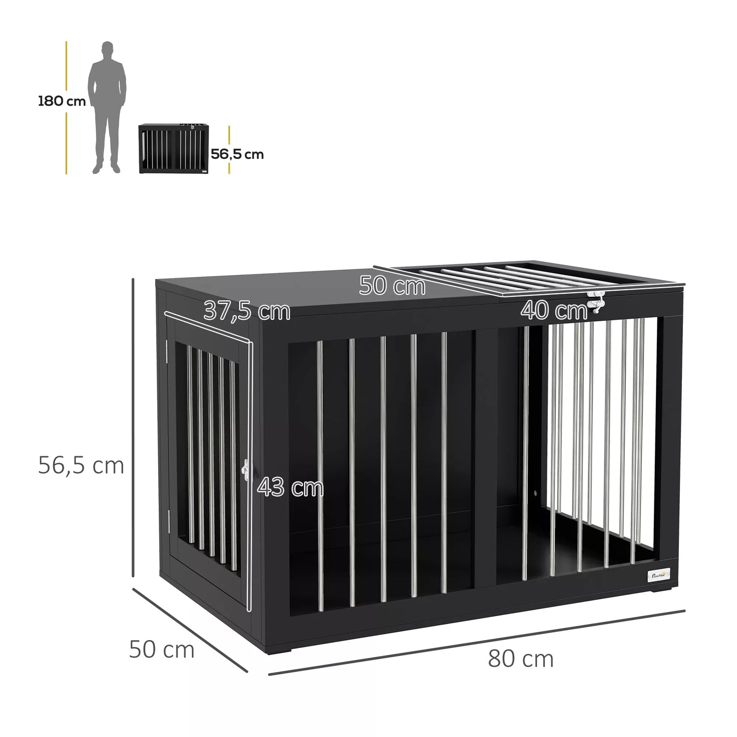 Dog cage Dog crate Dog transport box, 2 doors, lockable, steel grid, 80 cm x 50 cm x 56.5 cm, Black