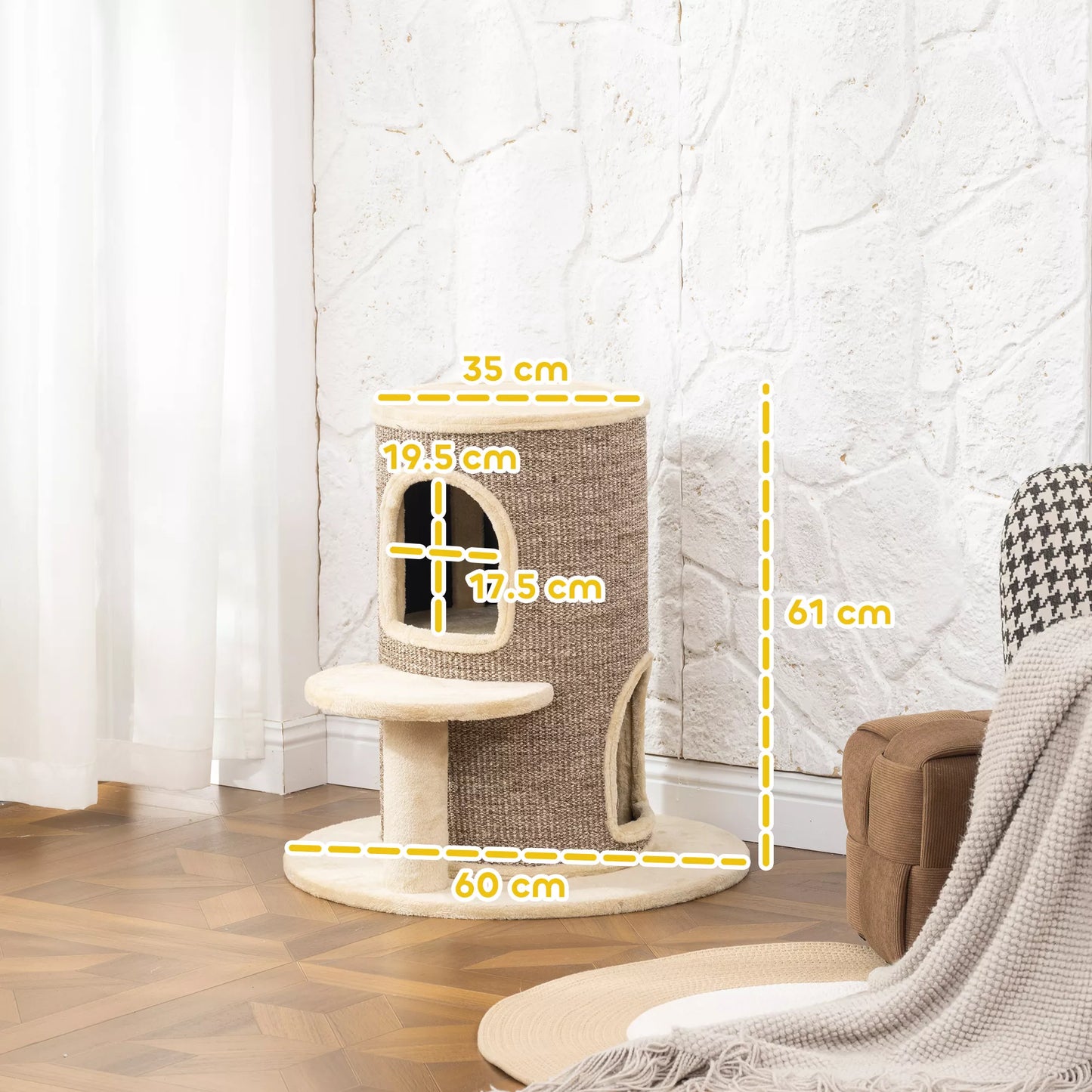 Kaķu māja, skrāpējamais stabs ar 2 līmeņiem, lēkšanas platforma, skatu platforma, skrāpējamais paklājiņš, atpūtai un spēlēm, bēša