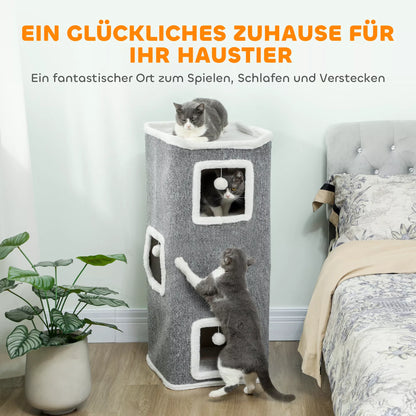 4 pakopų katės bokštas, draskyklė su 3 guoliavietėmis, medžio drožlių plokštė, žaisliniai kamuoliukai, pilka