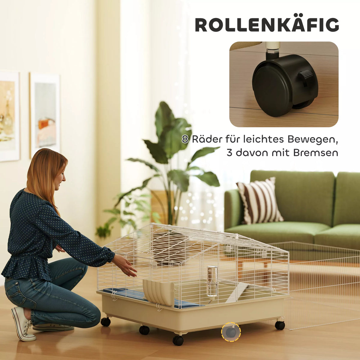 Kahekorruseline väikeloomapuur rõdu, kaldtee, söögikausi ja joogipudeliga, valge