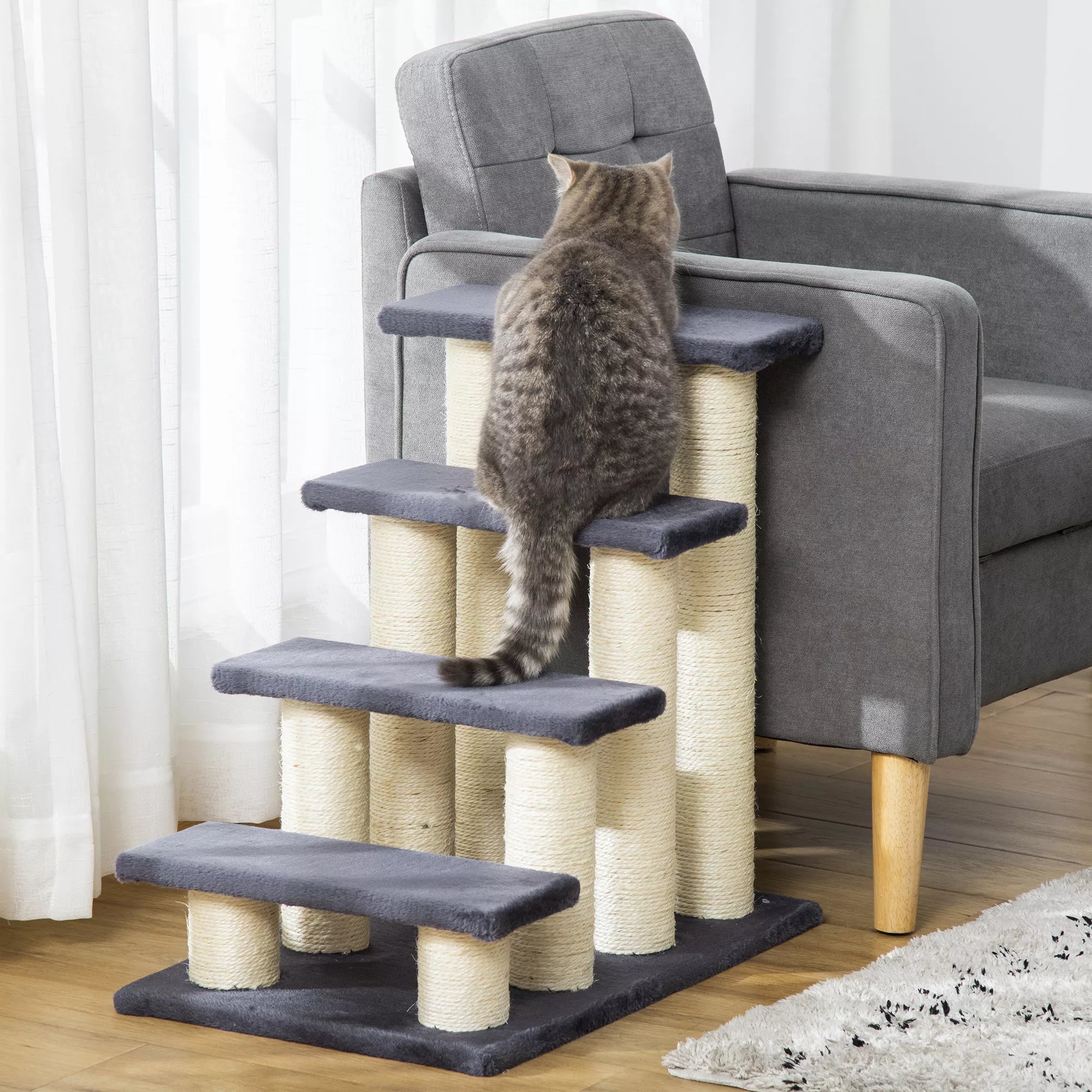 Suņu kāpnes ar 4 pakāpieniem, 59 cm augstas, mājdzīvnieku pakāpieni kaķiem un suņiem, suņu rampa, kaķu pakāpieni, iekāpšanas palīglīdzeklis gultai, dīvāns, kušete, pelēka