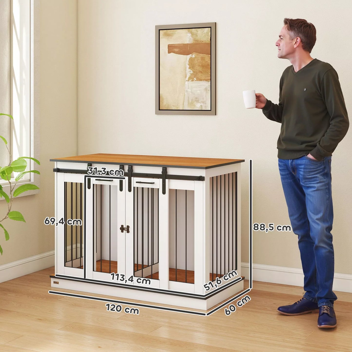 Dog cage with 2 doors, dog transport box, rustic design, lockable, white