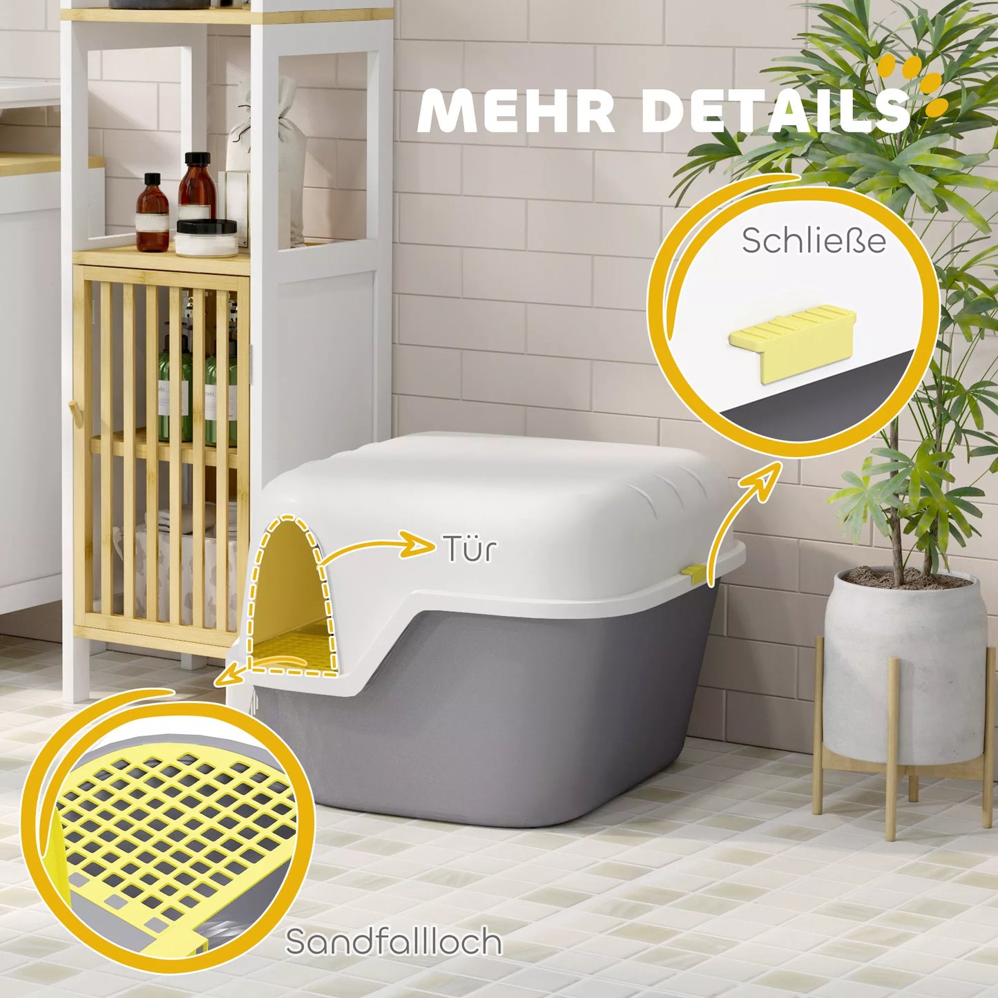 Kaķu tualete, kaķu kaste ar vāku un kausiņu, viegli tīrāma, aizslēdzama, balta