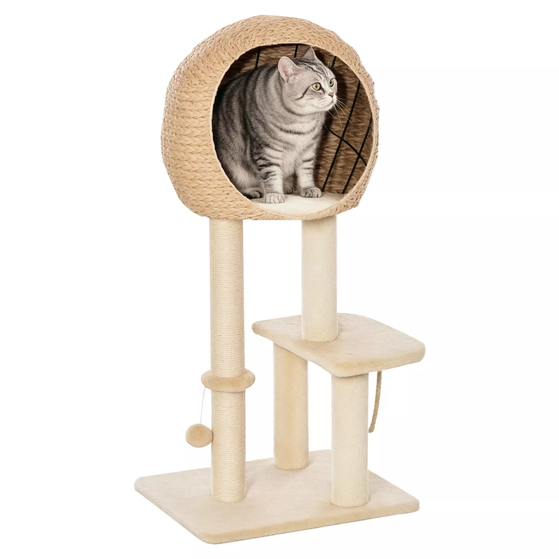 Katės namelis 100 cm, katės bokštelis su urveliu, žaidimo kamuoliuku, sizaliniais stiebais, platforma, daugiaaukštis katės draskymo medis, laipiojimo medis, vidutinio dydžio katėms, smėlio spalvos