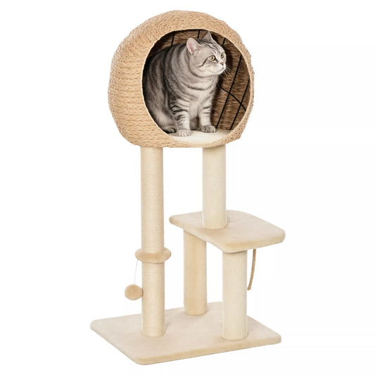 Katės namelis 100 cm, katės bokštelis su urveliu, žaidimo kamuoliuku, sizaliniais stiebais, platforma, daugiaaukštis katės draskymo medis, laipiojimo medis, vidutinio dydžio katėms, smėlio spalvos