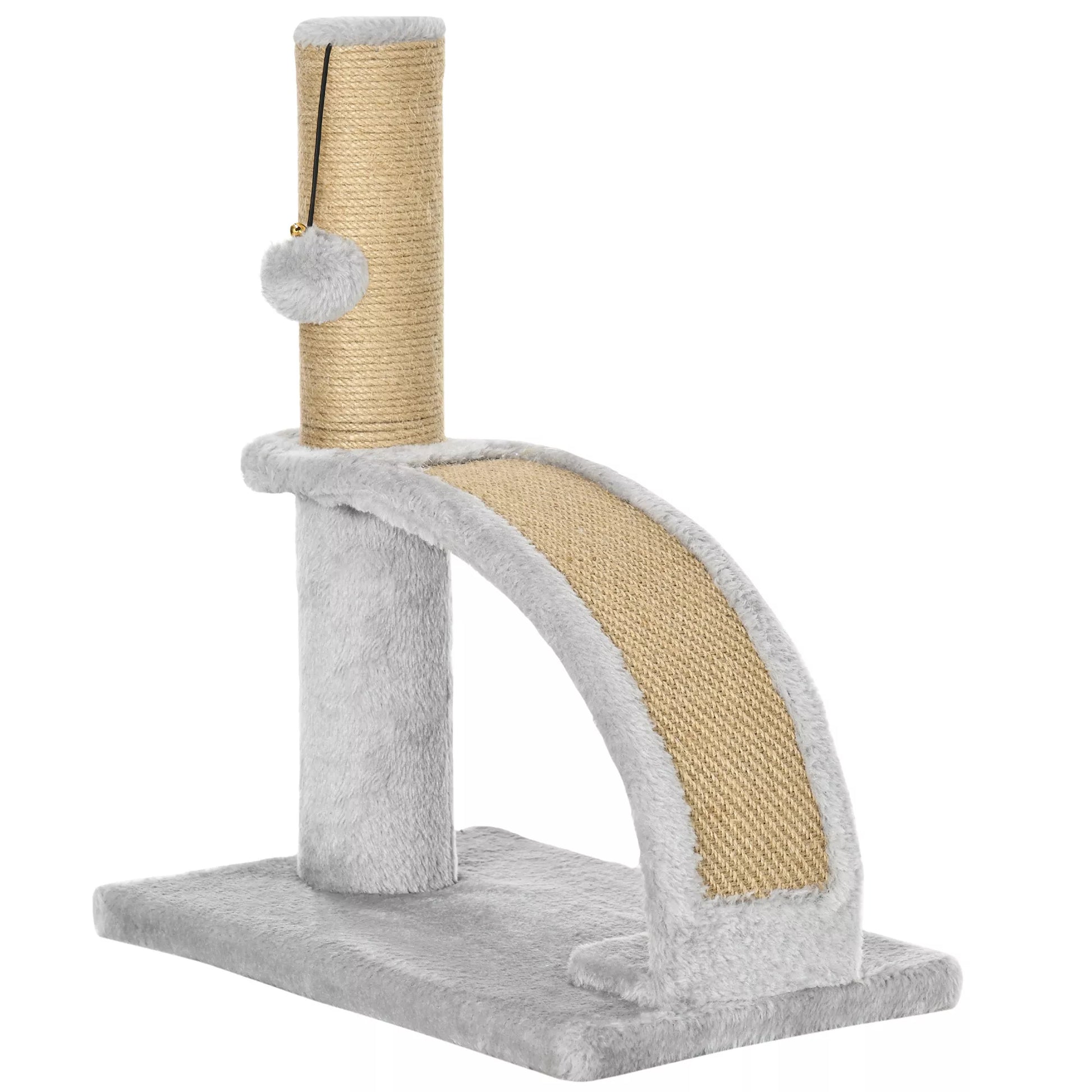 Kačių draskyklė su džiuto apmušalu, kabantis kamuoliukas su varpeliu, draskymo lenta, 34 ilgis x 24 plotis x 43 aukštis cm, pilka