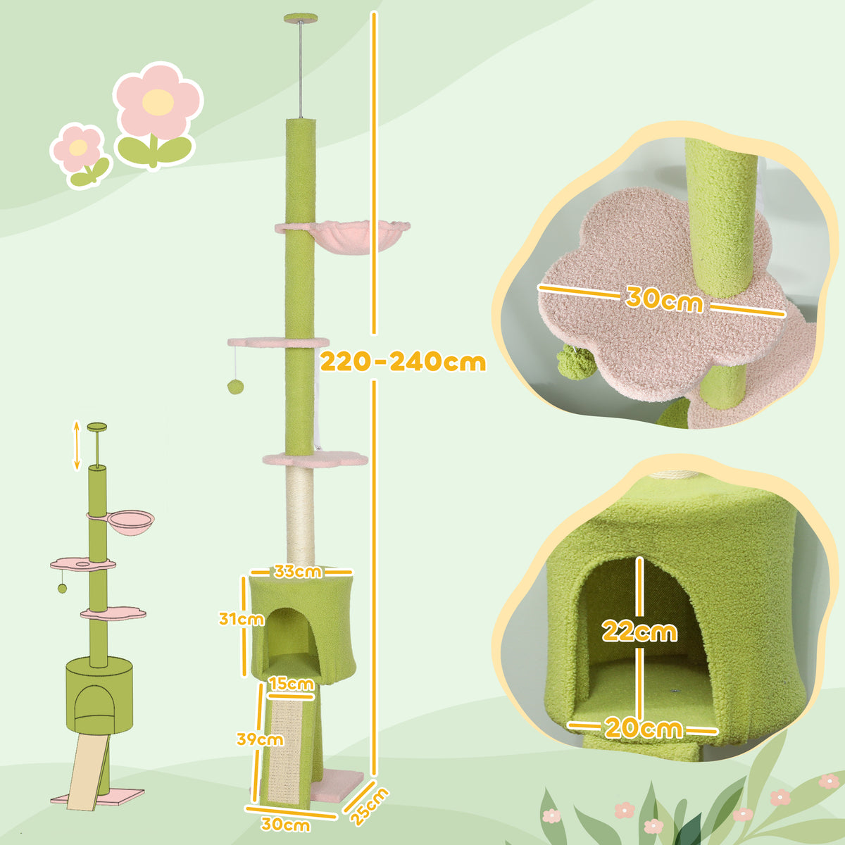 Draskyklė iki lubų 220–240 cm su nameliu, hamaku ir gėlių formos platformomis, 1–2 katėms iki 5 kg, žalia