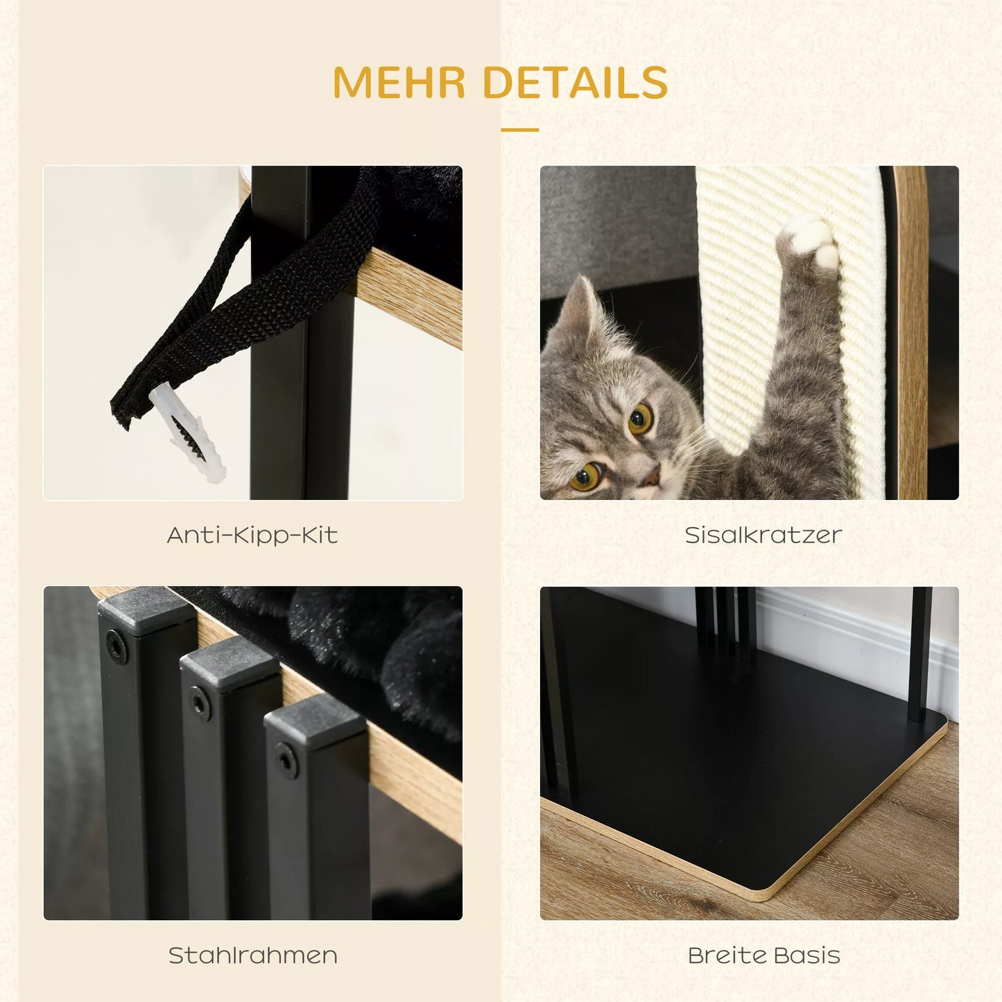 Kaķu māja, industriāls dizains, 2 platformas, 2 guļampapīri, skrāpējamais stabs, tērauda rāmis, melna, 85 x 48 x 128 cm