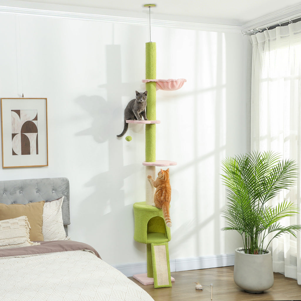 Draskyklė iki lubų 220–240 cm su nameliu, hamaku ir gėlių formos platformomis, 1–2 katėms iki 5 kg, žalia