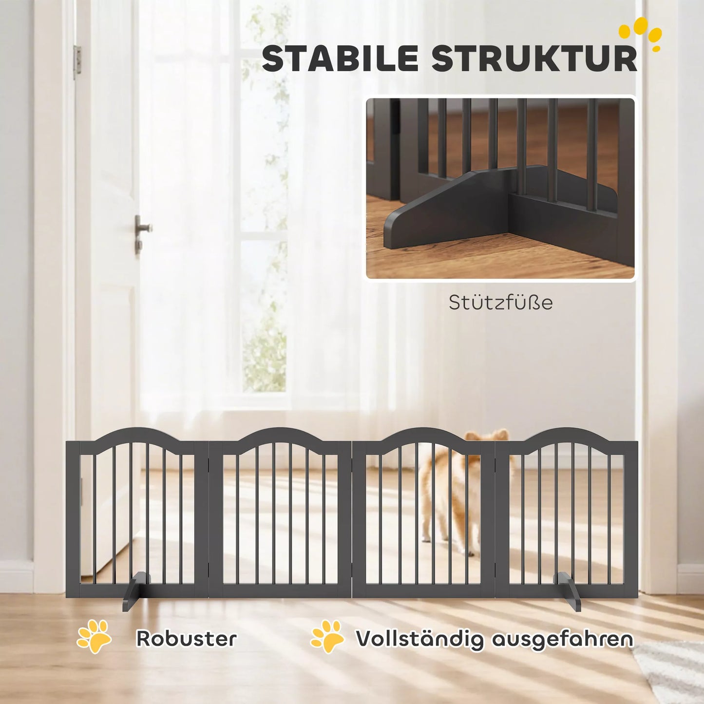 Suņu žoga vārti, brīvi stāvoši drošības vārti ar kājām, salokāmi suņu vārti, 4 paneļi, 208 x 29,5 x 61 cm, melni