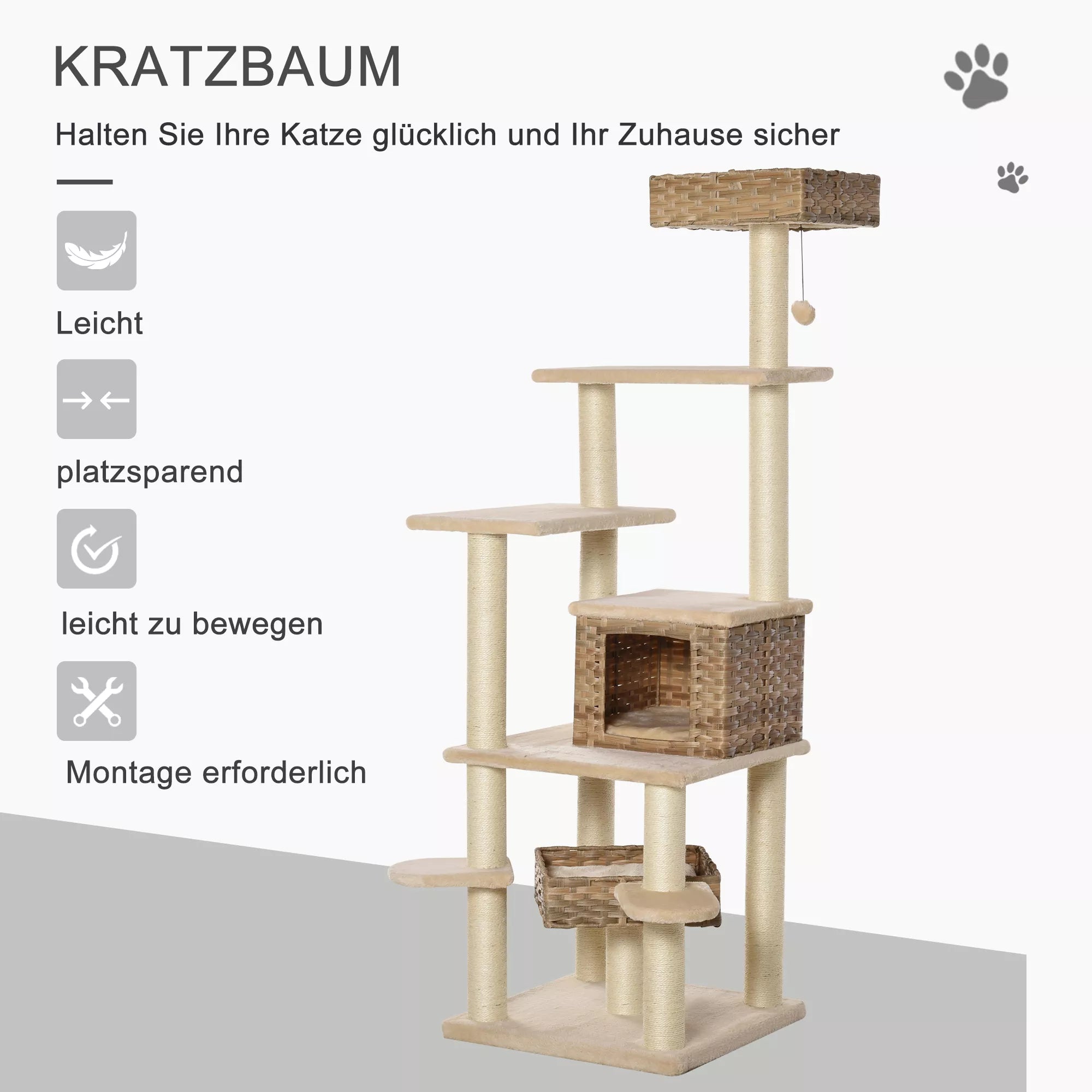 Rotangpalmas kaķu māja ar alu, daudzstāvu kaķu māja, kāpšanas koks kaķiem, E1 MDF, sizala, bēša+brūna, 55 x 55 x 174 cm