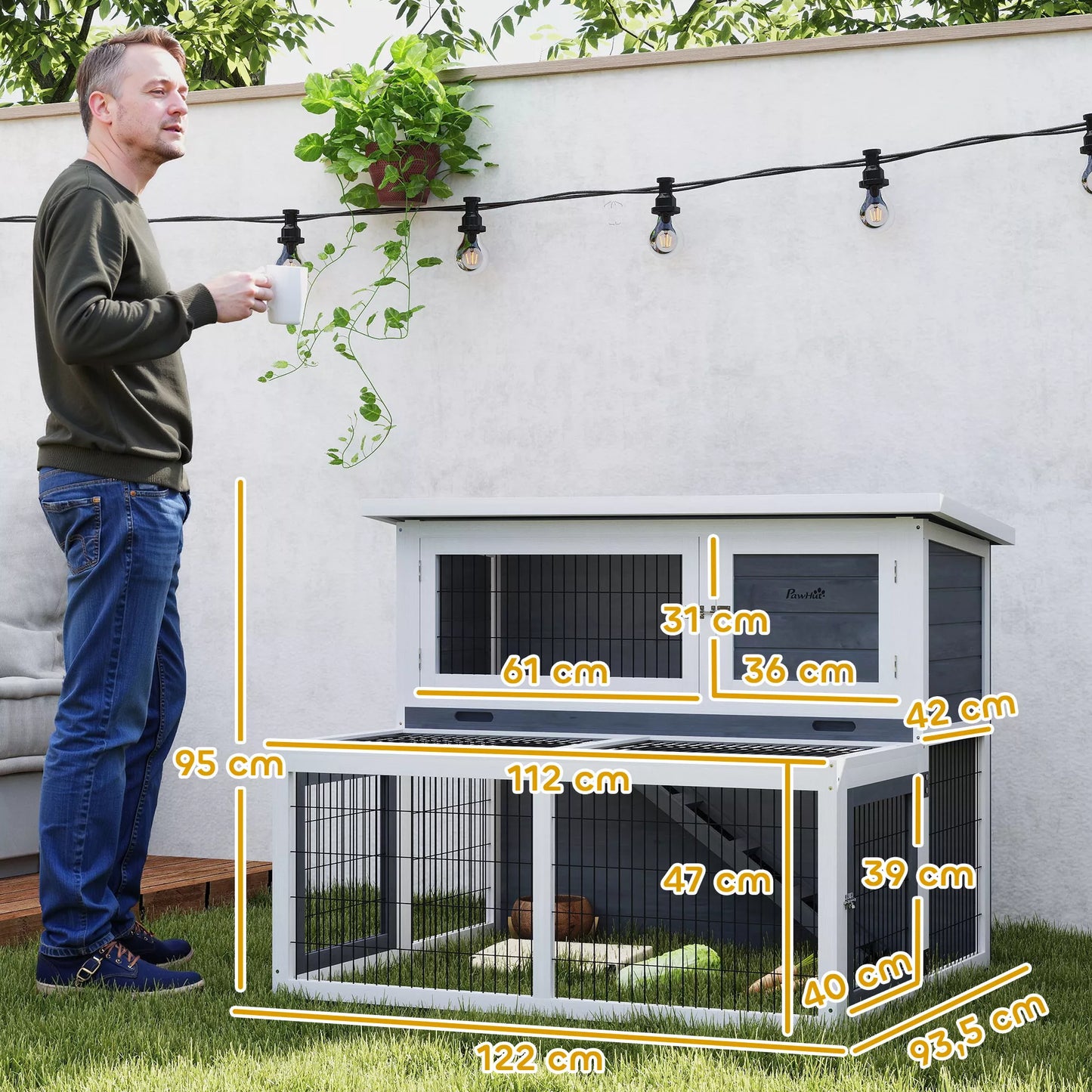 Triušidė 2 aukštų su atlenkiamu stogu, triušių namelis iš medžio masyvo, atsparus žiemai, dviejų aukštų namelis 122x95x93,5 cm Pilka