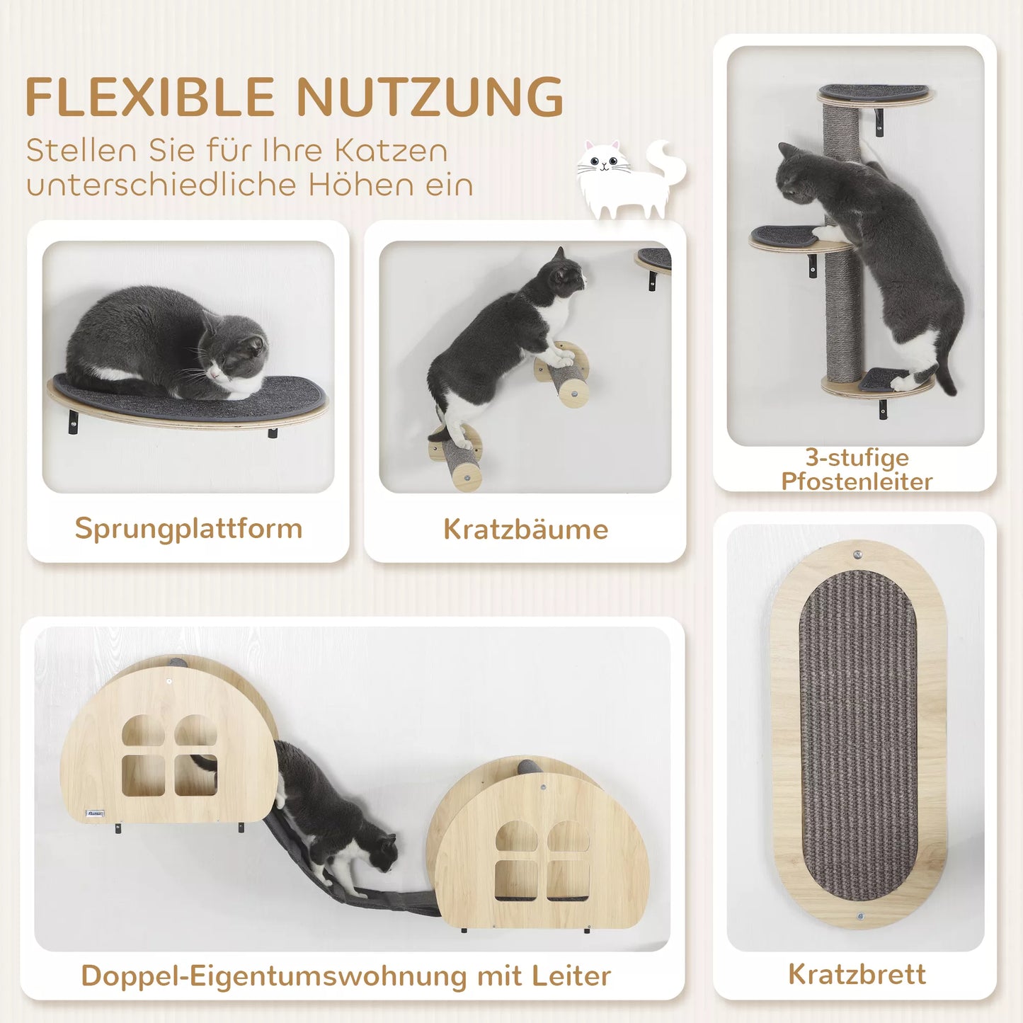 Kaķu kāpšanas siena, 7 daļu, kaķu kāpšanas sienas komplekts ar sizala stabu, kāpnēm, platformu, skrāpējamo stabu, pelēks