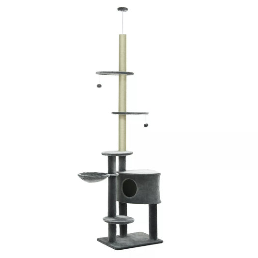Aukštas iki lubų katės medis 220–265 cm, su žaisliukais, guoliu, hamaku, sizaliniais stulpais, platformomis, daugiaaukštis katės draskomasis medis, laipiojimo medis vidutinio dydžio katėms, tamsiai pilkos spalvos