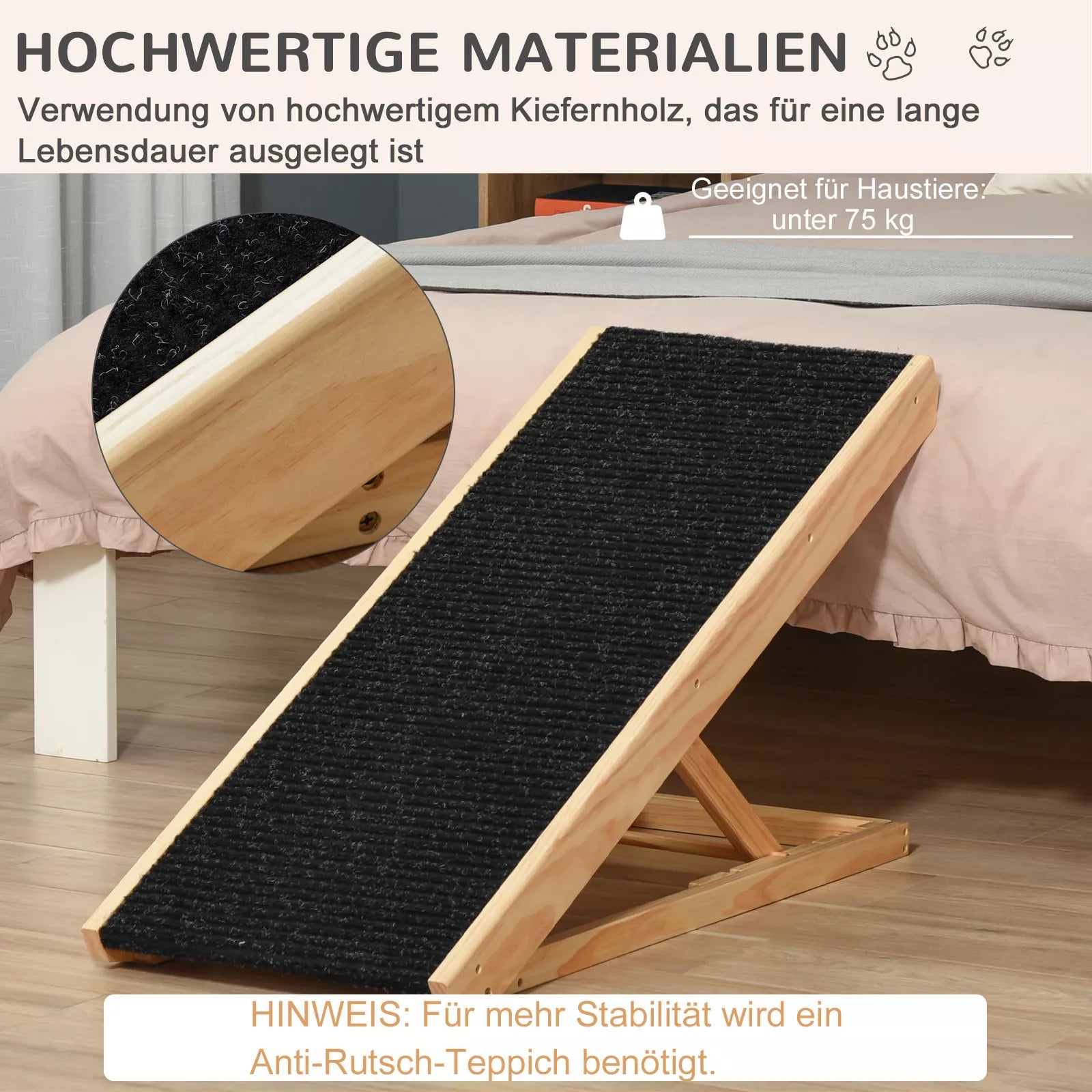 Regulējama suņu rampa ar neslīdošu paklājiņu lieliem suņiem. Materiāls: priedes koks, poliesters. Krāsa: melna + dabīgs koks. Izmēri: 90 cm garums x 40 cm platums x 61 cm augstums.