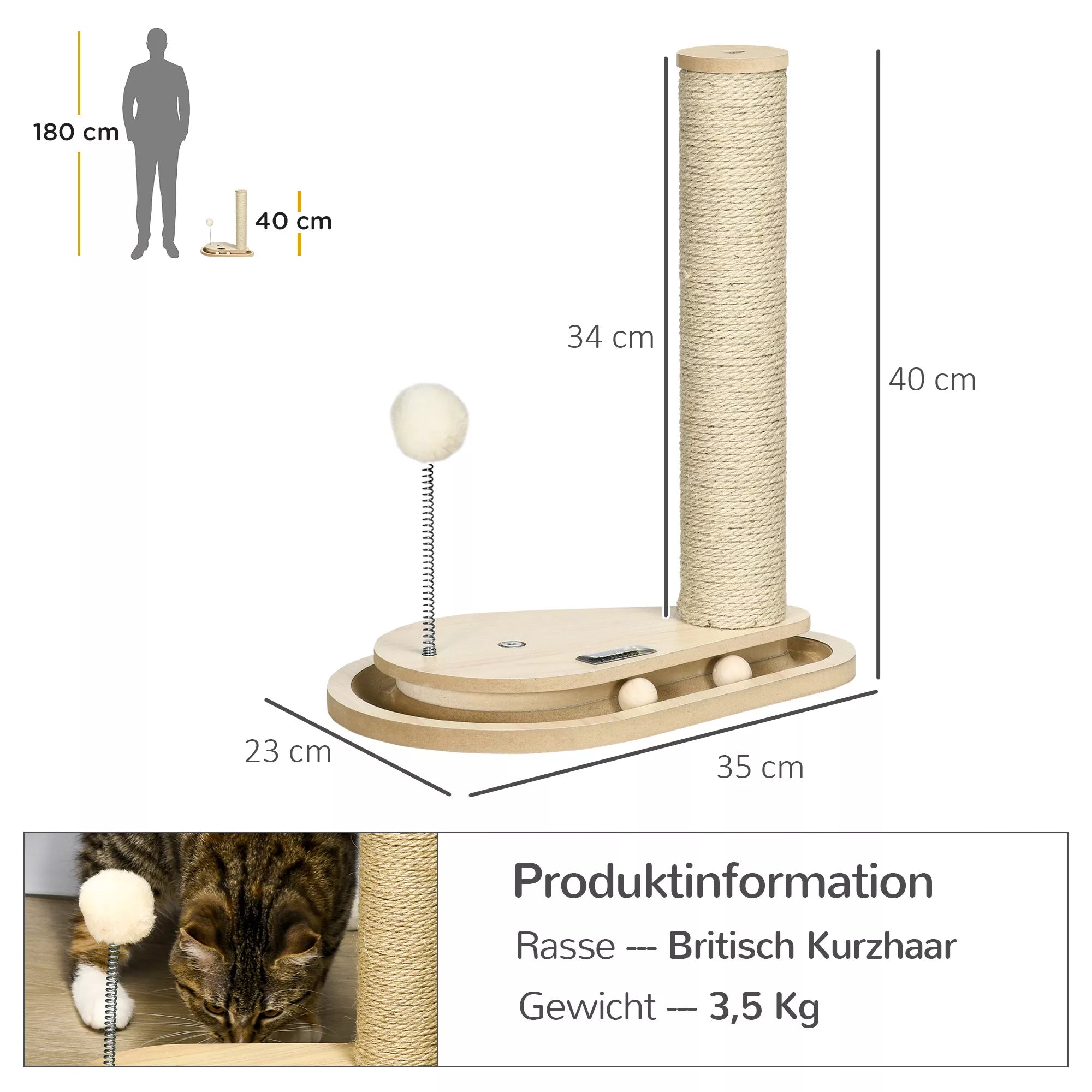 Kaķu skrāpēšanas stabs kaķēniem ar rotaļlietu, bumbu trasi, atsperes bumbu, 35 cm x 23 cm x 40 cm, dabīgs