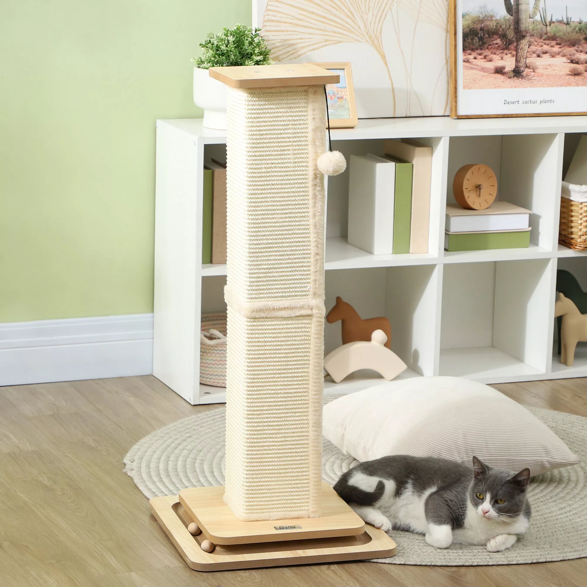 3-in-1 katės draskyklė su žaidimų takeliu, žaidimo kamuoliuku, sizaliu, iki 10 kg, 39,5 x 39,5 x 87 cm, ąžuolo/kremas