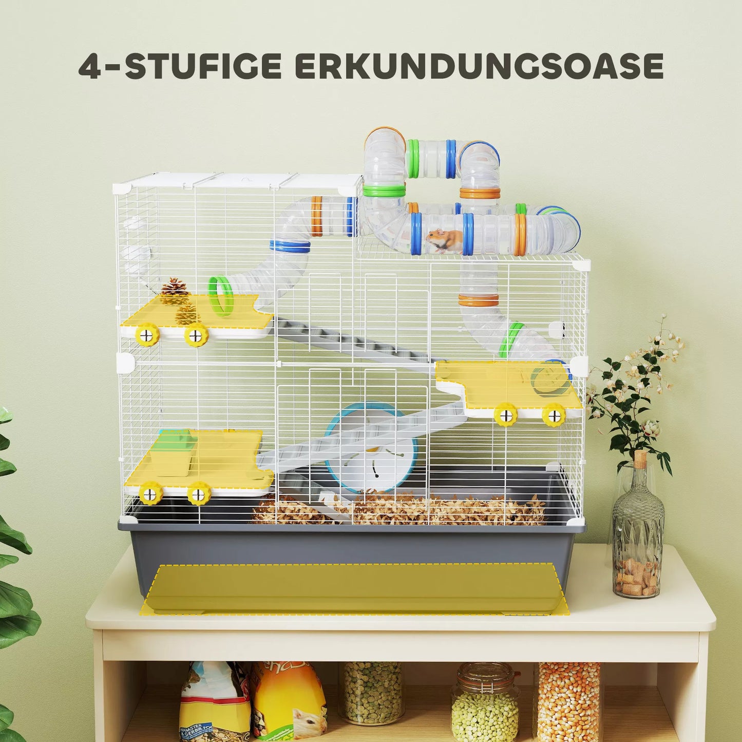 Nykštukinių žiurkėnų narvas, 4 lygiai, tunelių sistema, būdelė, aksesuarai, viršutinis atidarymas, 78 x 45 x 73 cm, Pilkas