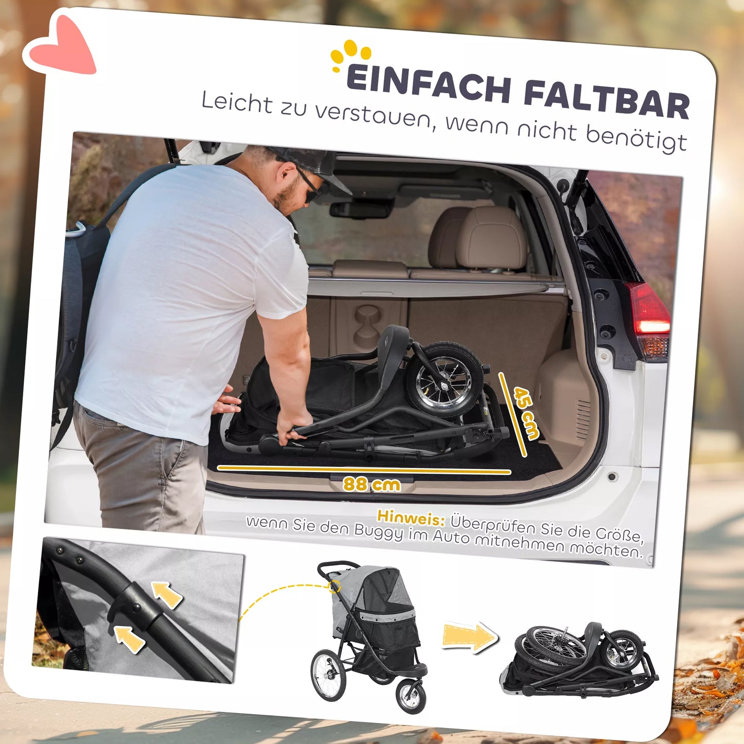 Šunų vežimėlis, vežimėlis augintiniams mažiesiems šunims ir katėms, su daiktų laikymo krepšiu, sulankstomas vienu paspaudimu, pilkos spalvos