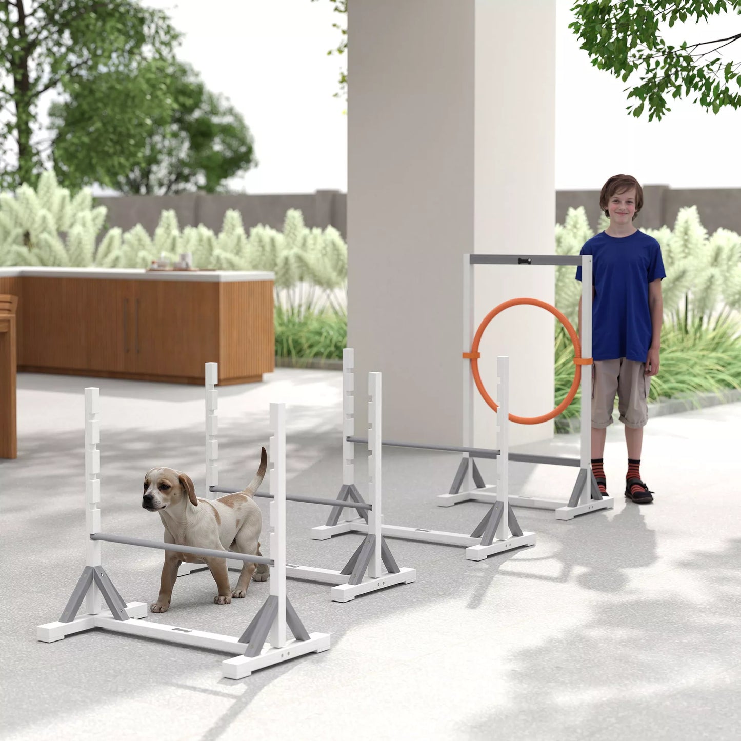 Suņu veiklības komplekts, 4 daļu treniņu aprīkojums ar regulējama augstuma šķēršļiem un stīpu, balts