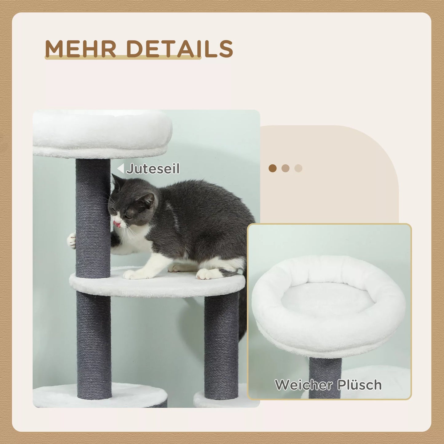 Cat tree with 1 cat cave, 1 cat bed, 2 platforms, felt rope posts, white + gray