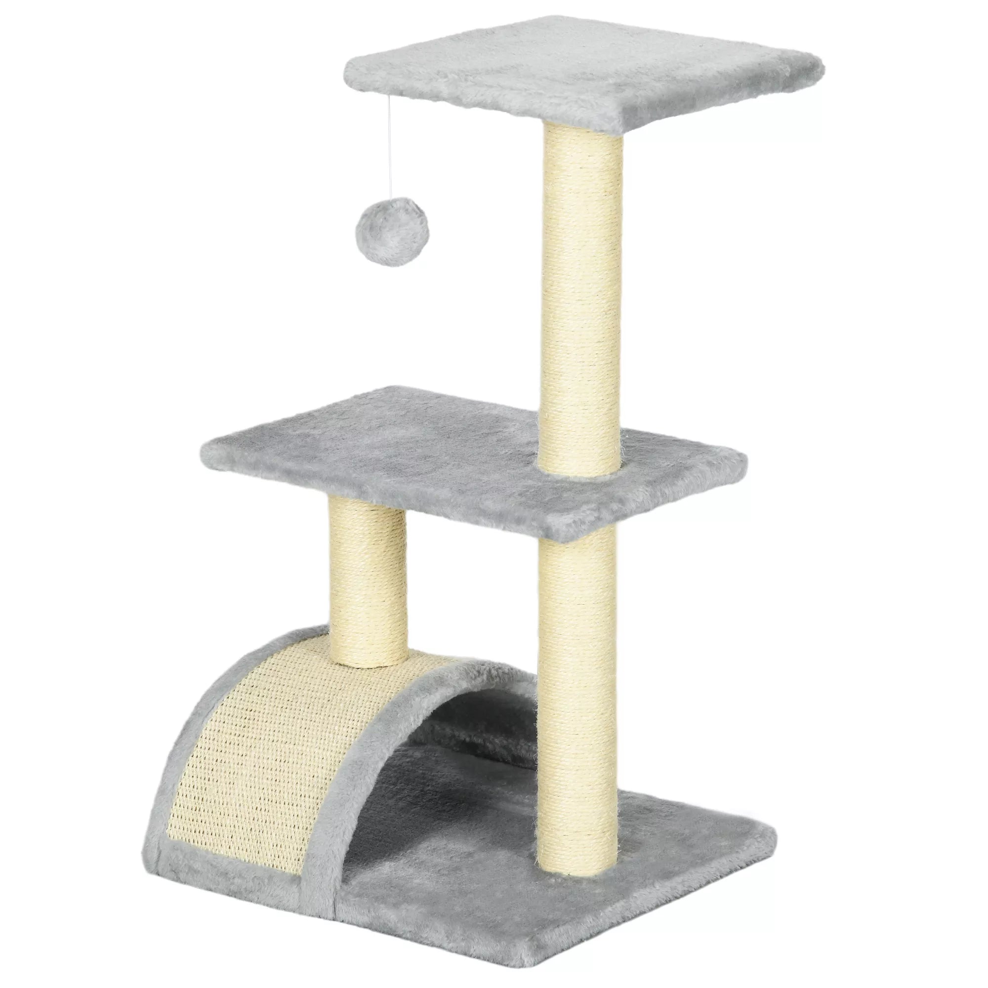 Katino medis 72 cm, katės bokštas su pliušiniais kamuoliukais, sizaliniais stiebais, platforma, draskykle, šviesiai pilkas