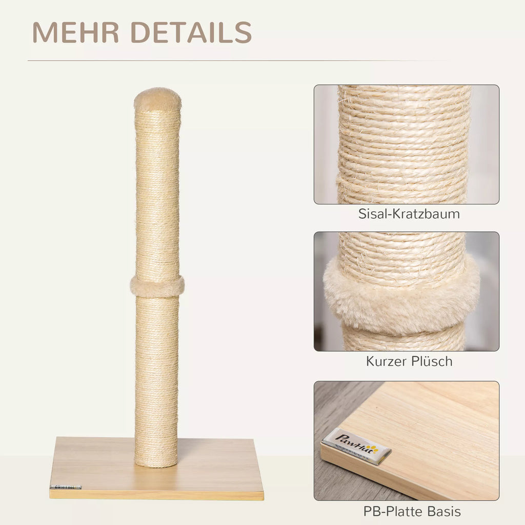 Braižymo stulpas katėms, sizalio draskymo stulpas, stabilus kačių draskytuvas, braižymo žaislas katei su kamuoliu, 60 cm, medžio drožlių plokštė, sizalis smėlio spalvos + ąžuolas, 34 x 34 x 60 cm