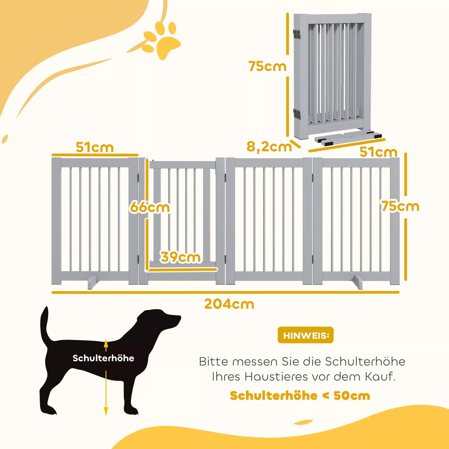 Freestanding dog fence, 4 panels, flexible, pine wood, 204L x 36D x 75H cm, light grey