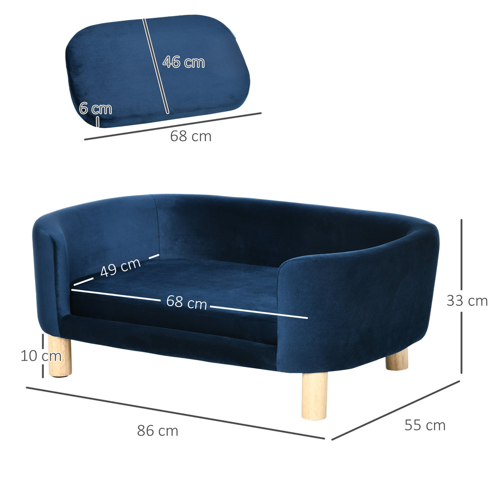 Sofa šunims ir katėms su atlošu ir porankiais, aksominė, medinėmis kojelėmis, iki 10 kg, 86x55x33 cm, tamsiai mėlyna