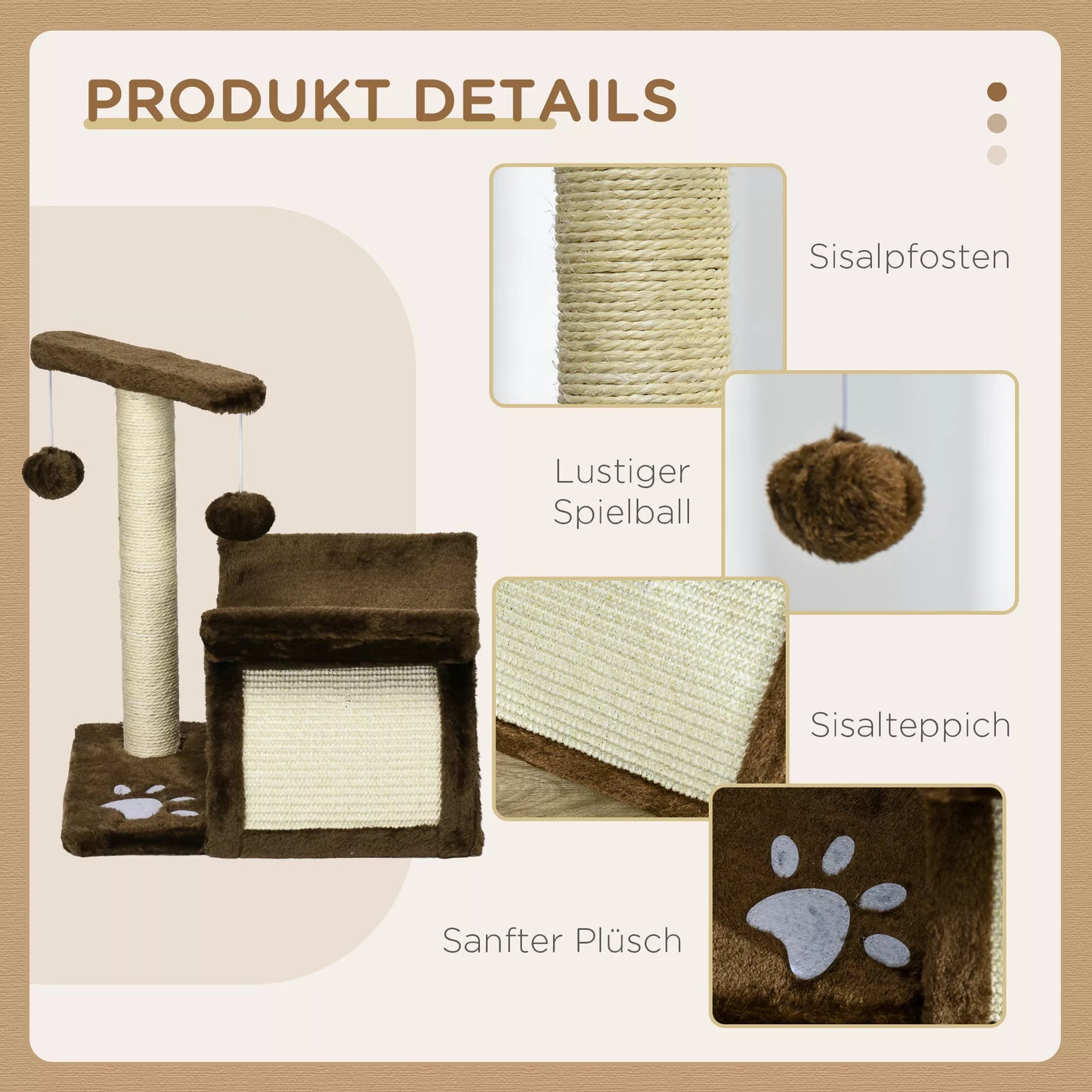 Mažas kačių draskomasis medis su žaidimo kamuoliuku, rudos spalvos. I40 x P30 x A43 cm