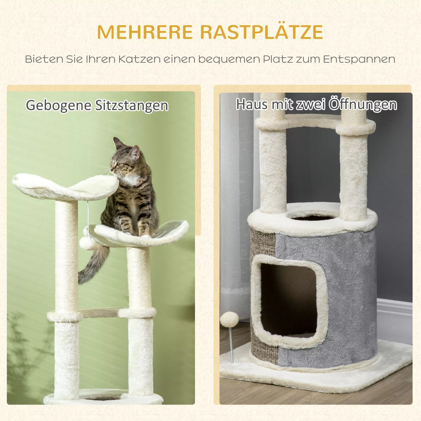 PawHut Kačių medis su guoliu, dviem pakylomis, dviem draskyklėmis, pliušiniu apmušalu, kreminės baltumo spalvos, 48 x 48 x 110cm