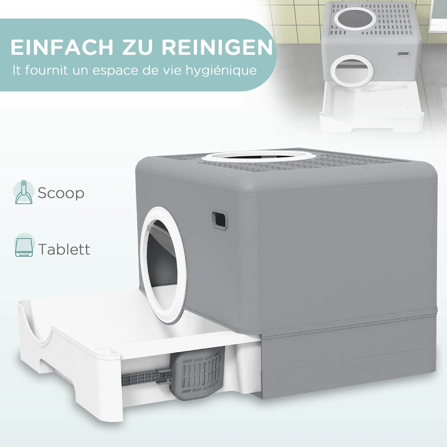 Kaķu pakaišu kaste, 2 izvadi, noņemams apakšējais paliktnis, 52 x 41 x 38,5 cm, pelēka