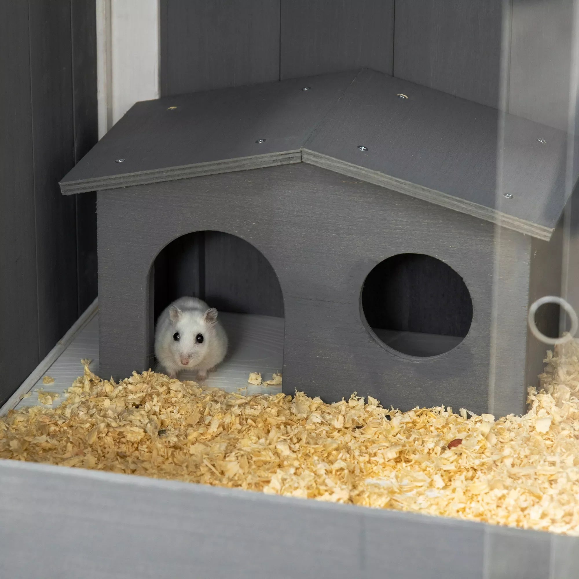 Hamsterio narvas, 3000 cm² nykštukinių žiurkėnų narvas iš medžio ir metalo, su 2 nameliais, akrilo stumdomomis durimis, stabilus, saugus, Pilka+Balta