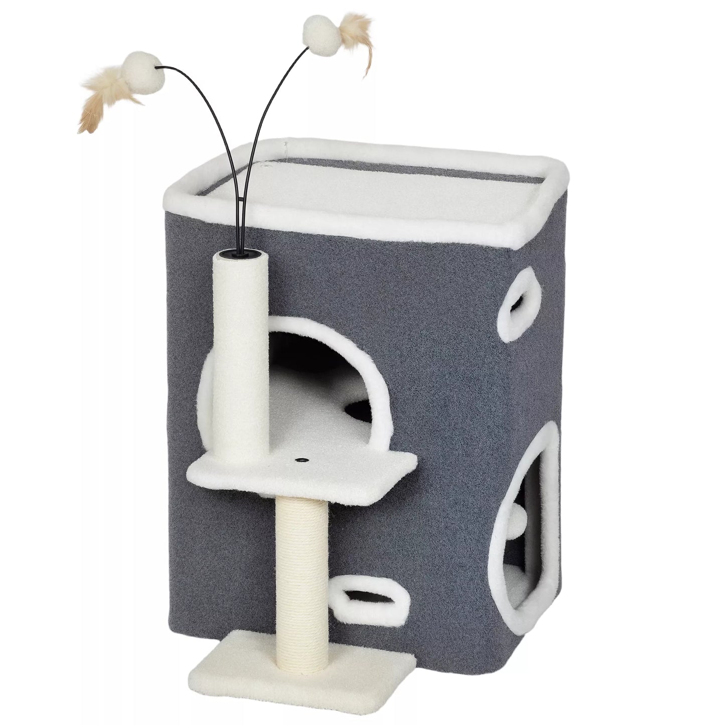 Cat scratching post, upper resting area, 2-storey house, sisal posts, grey